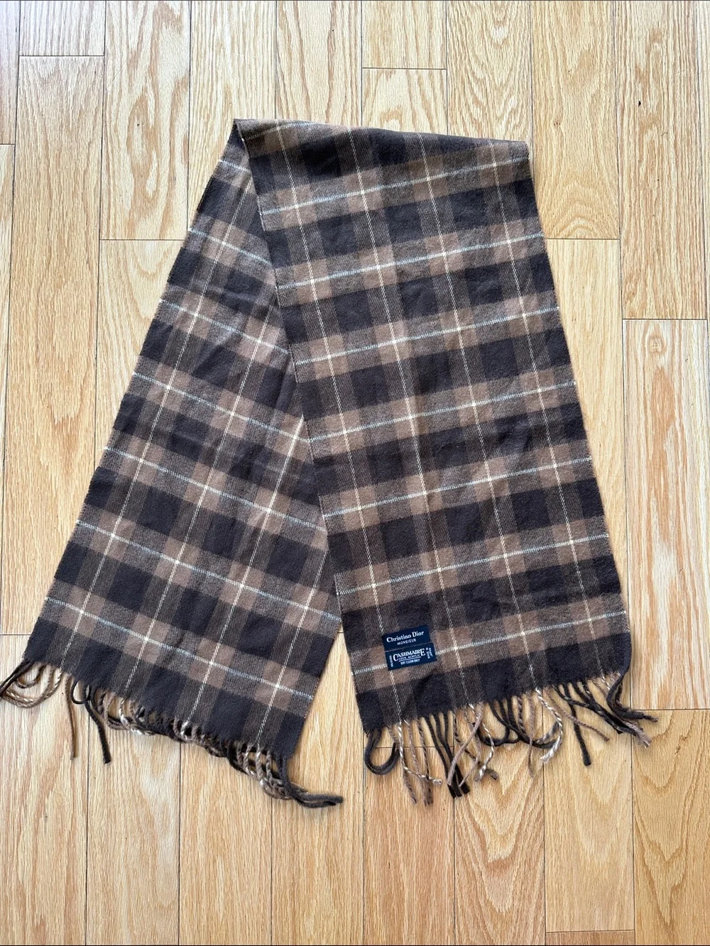 Dior Men's Plaid Wool Scarf in Brown and Cream